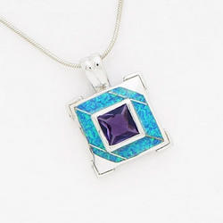 Square Amethyst and Created Opal Pendant
