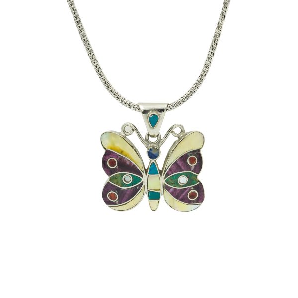 Butterfly Pendant with Amethyst, Mother of Pearl, Turquoise & Abalone Inlay
