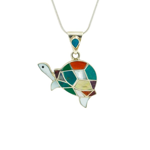 Turtle Pendant with Gemstone Inlay - Mother of Pearl, Turquoise, Amethyst & Carnelian.