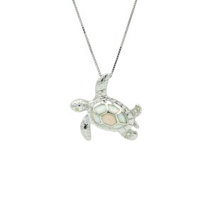 White Opal & Sterling Silver Turtle Pendant (Medium)