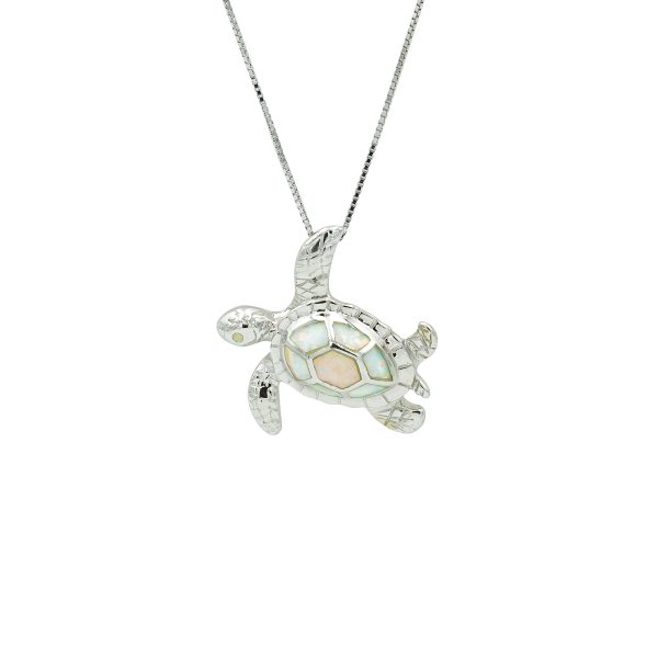 White Opal & Sterling Silver Turtle Pendant (Medium)