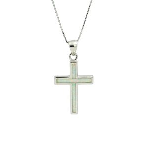 White Opal & Sterling Silver Cross Necklace