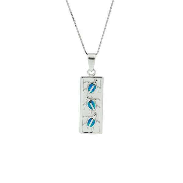 Blue Opal & Sterling Silver Three Turtles Rectangle Pendant