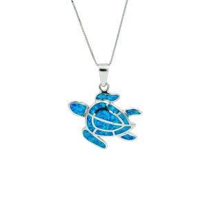 Blue Opal & Sterling Silver Mosaic Turtle Pendant (medium)