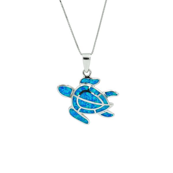 Blue Opal & Sterling Silver Mosaic Turtle Pendant (medium)