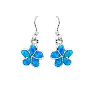 Blue Opal & Sterling Silver Plumeria Hanging Earrings (12MM)