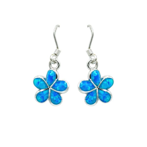 Blue Opal & Sterling Silver Plumeria Hanging Earrings (12MM)