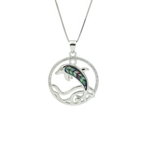 Mosaic Abalone & Sterling Silver Dolphin Wave Necklace