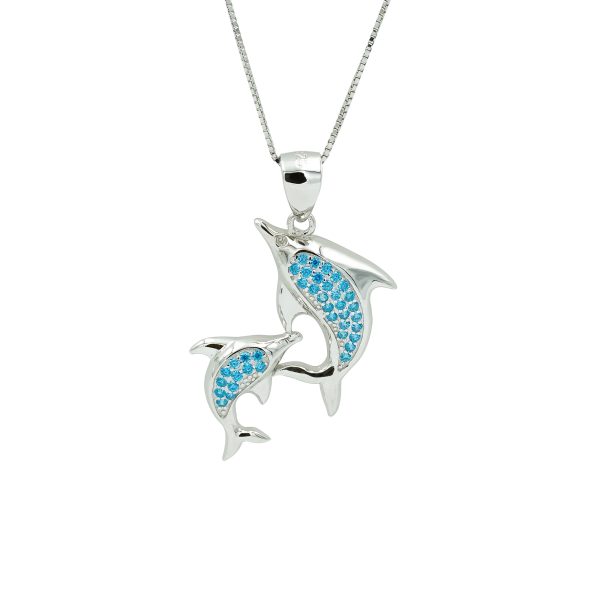 Blue Topaz & Sterling Silver Two Dolphins Pendant