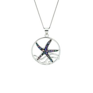 Mosiac Abalone & Sterling Silver Starfish & Wave Necklace