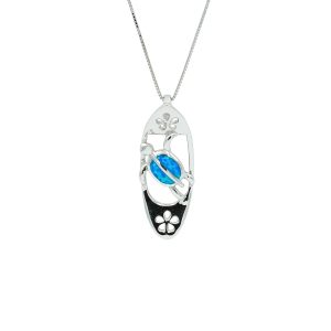 Blue Opal & Sterling Silver Surfing Turtle Pendant