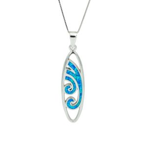 Blue Opal & Sterling Silver Wave on Surfboard Pendant