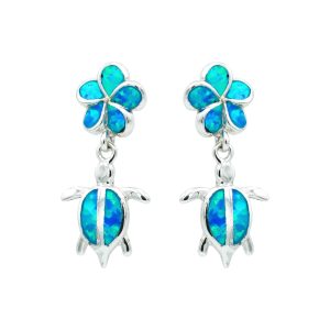 Blue Opal & Sterling Silver Hanging Flower & Turtle Earrings