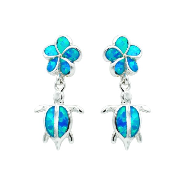Blue Opal & Sterling Silver Hanging Flower & Turtle Earrings