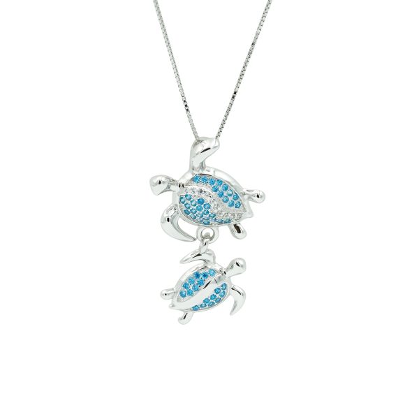 Blue Topaz & Sterling Silver Two Turtles Necklace