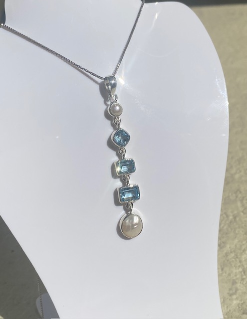 .925 Sterling Silver, Blue Topaz and Pearl Drop Necklace