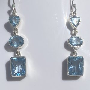 .925 Sterling Silver & Blue Topaz Emerald Cut Drop Earrings ( Hook)