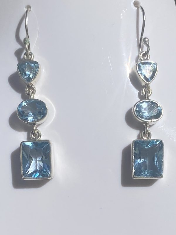 .925 Sterling Silver & Blue Topaz Emerald Cut Drop Earrings ( Hook)